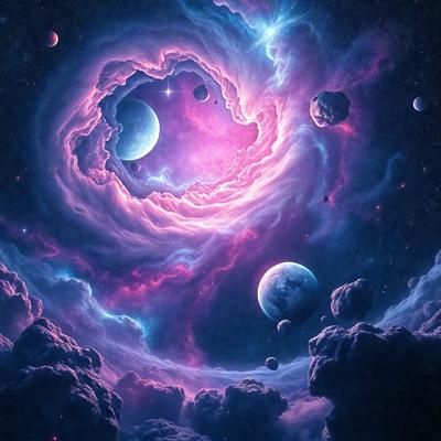 The primary subject of the image is a purple and blue nebula with a swirling pattern. The setting is a space filled with various celestial objects, including planets and moons. The visual style is a digital art or illustration, creating a vibrant and colorful atmosphere. The dominant colors are purple and blue, with other colors such as pink and green also present in the scene. The overall mood of the image is one of wonder and exploration, as it showcases the beauty and complexity